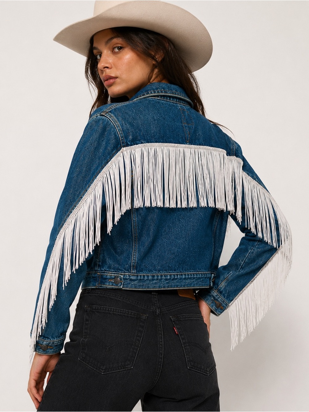 Vintage 80s Denim Jacket with White Fringe by Plain Pockets